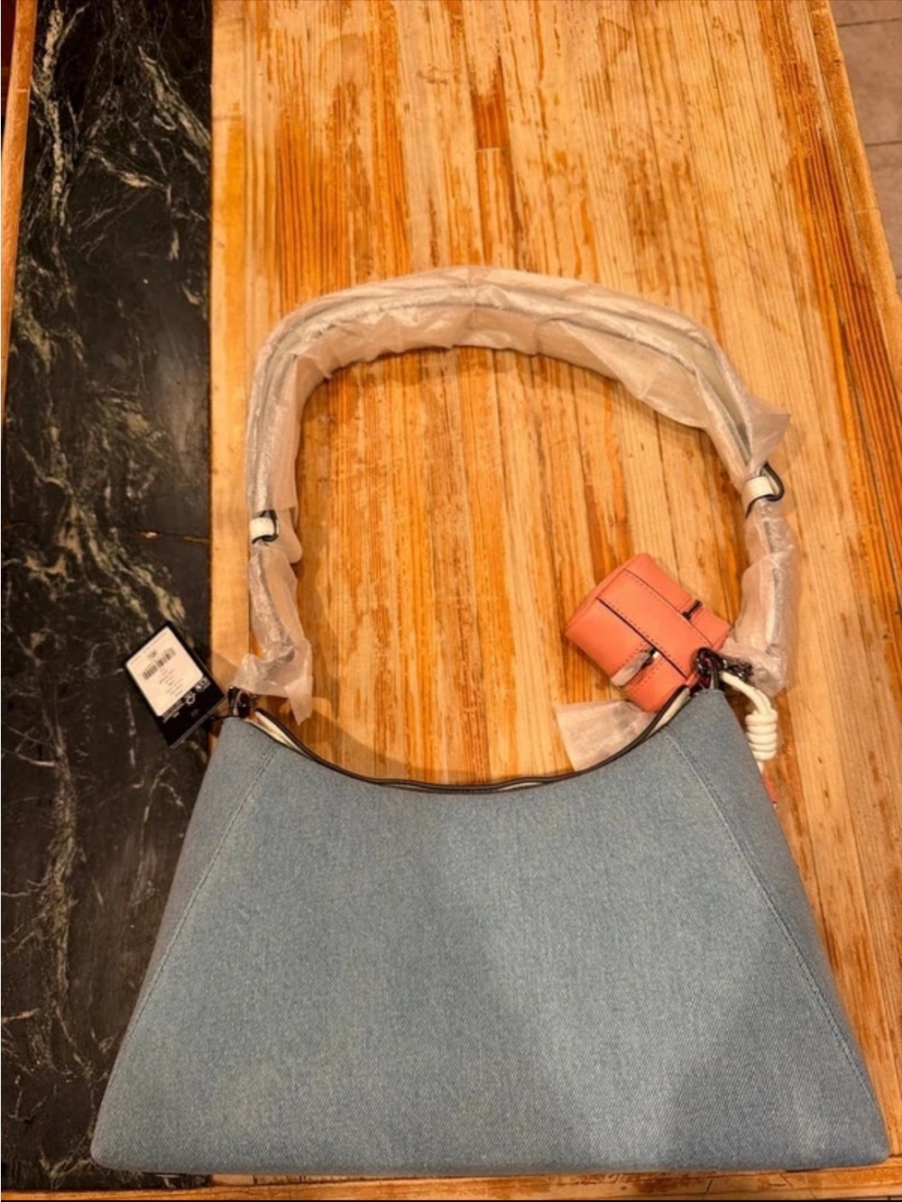 Karl Lagerfeld Light Blue Denim Shoulder Bag with Pink Charm